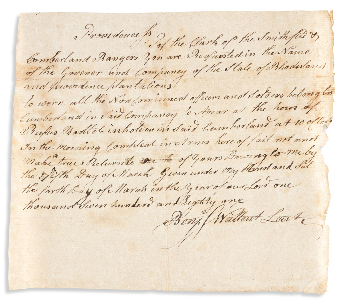 (AMERICAN REVOLUTION--1781.) The Smithfield and Cumberland Rangers militia company is summoned for muster.